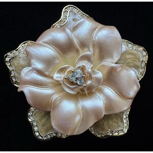 Nolan Miller Pink Peach Enamel Flower Brooch Rhinestone Gardenia Pin